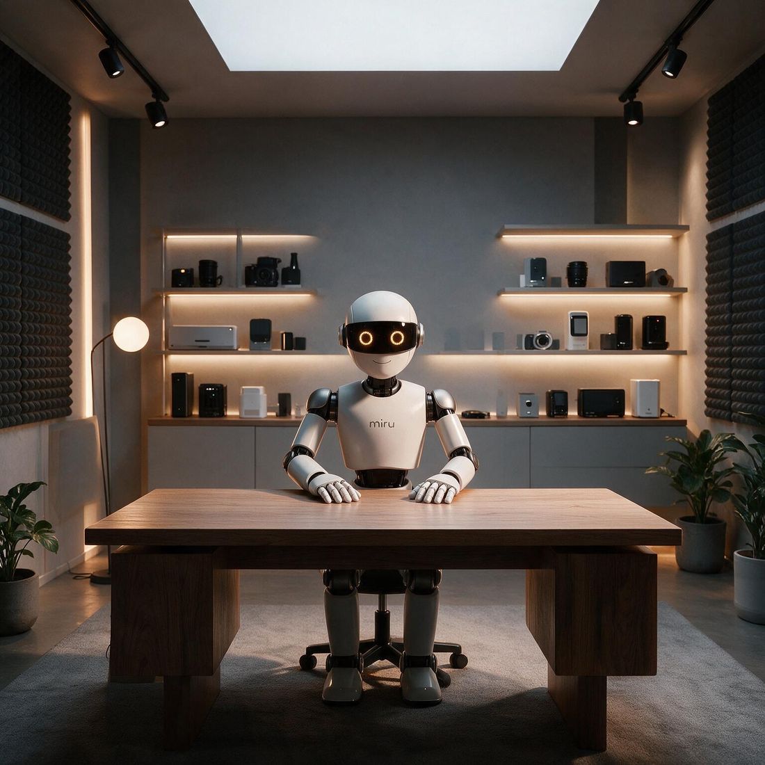 Miru's studio, with reviewed products lit on the shelves